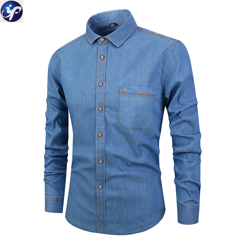 YP TAILORED MEN'S CUSTOM SQUARE COLLAR NAVY DENIM JEAN SHIRT