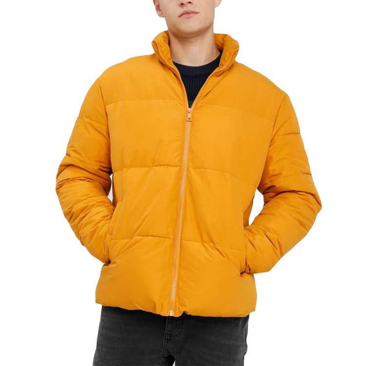 Custom design stand collar yellow plain puffer coat, mens down jacket 