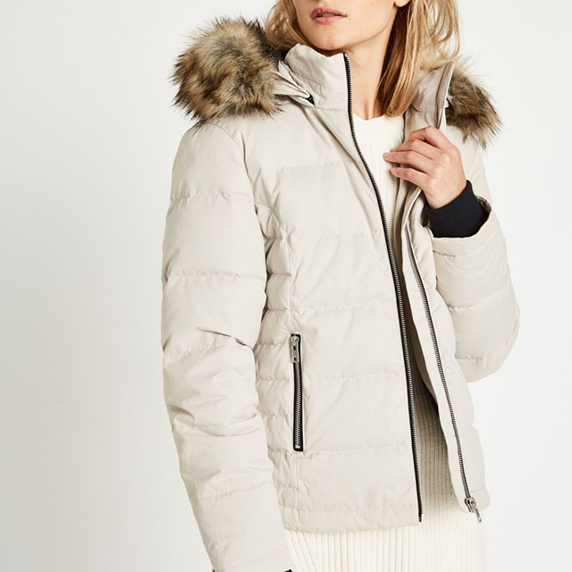 Lady Winter Custom Zip Fastening And Pockets Down Jacket With Faux Fur Trim Hooded 