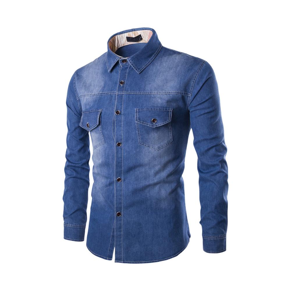 High quality new fashion long sleeve casual cotton soft blank oem logo plain jeans shirts for men