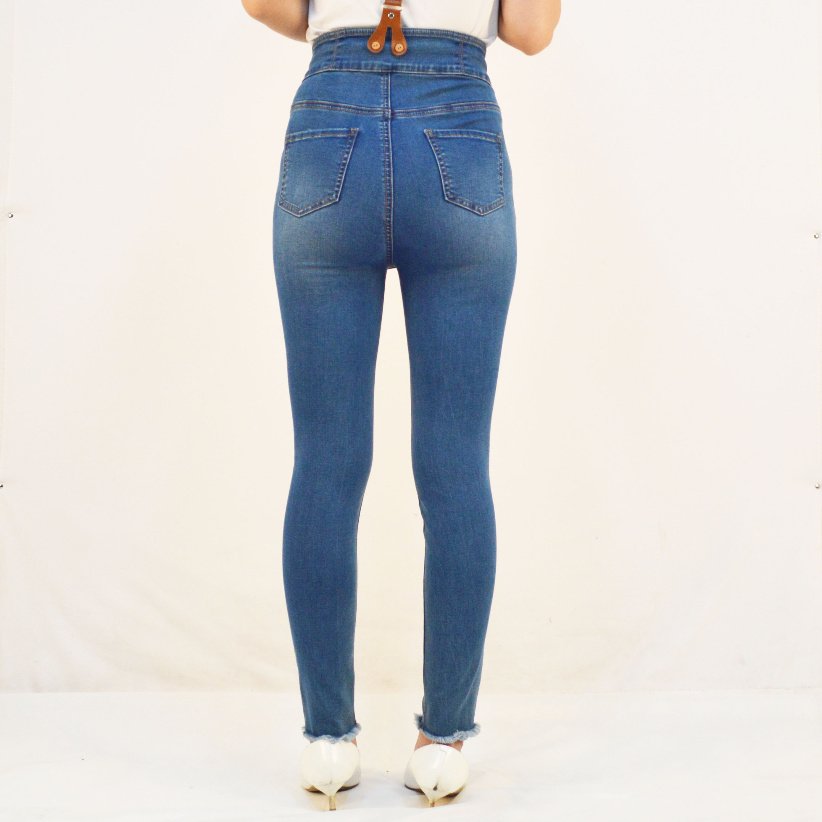 Summer high-waisted denim suspender female rivet ripped holes high-elastic skinny leg pants jeans for young ladies 