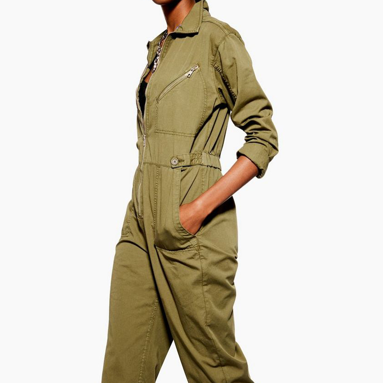 2019 Women Army Green Utility Boilersuit Elastic Waist Jumpsuits Overalls Zip Cargo Pockets Ladies Sexy 